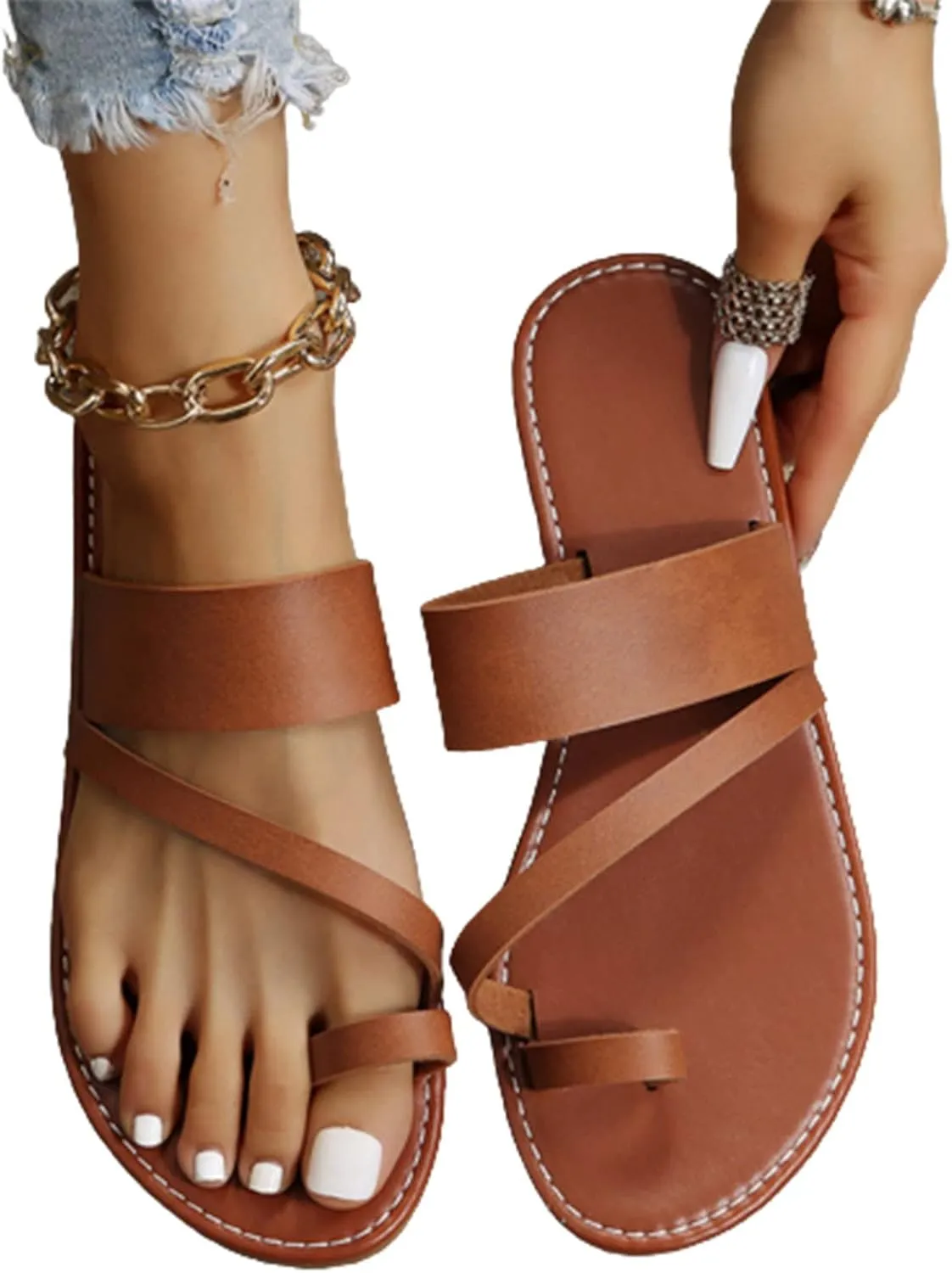 Summer Womens Casual Flat Sandals Vintage Straps Toe Ring Clip Toe Slip on Slides Lightweight Outdoor Slippers Comfortable Ladies Beach Shoes