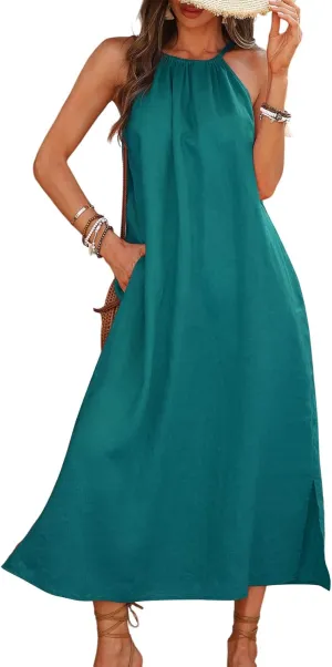 Summer Women's Halter Pure Linen Dress Sleeveless Beach