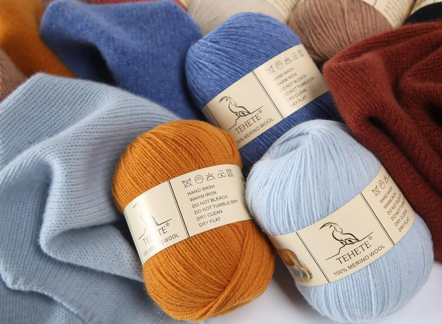 TEHETE 100% Merino Wool Yarn for Knitting 3-Ply Luxury Warm Soft Lightweight Blue Crochet Yarn (Caramel)