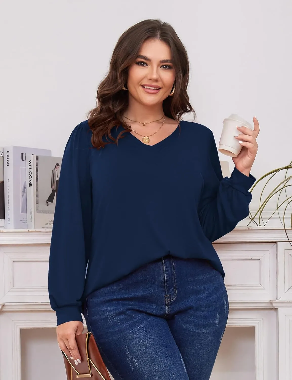 TFSDOD Plus Size Tops for Women Long Sleeve V Neck Shirts Dressy Casual Blouse Loose Fit Basic Tee Tshirt(1X-5X)