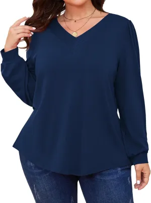 TFSDOD Plus Size Tops for Women Long Sleeve V Neck Shirts Dressy Casual Blouse Loose Fit Basic Tee Tshirt(1X-5X)