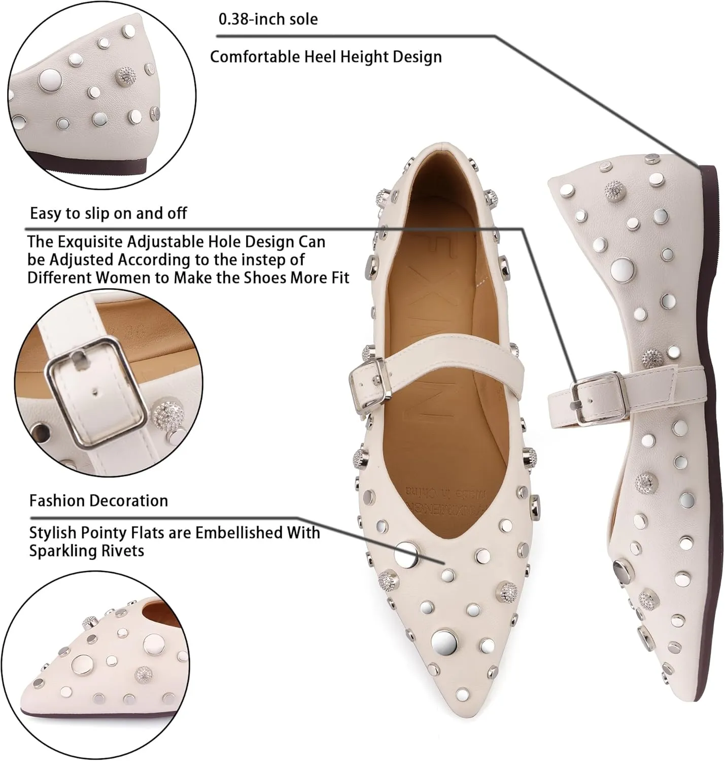 TLJIANG Women's Flat Shoes 2024 New All-Match Flat Shoes Fashion Rivet Decorative Comfortable Flat Shoes