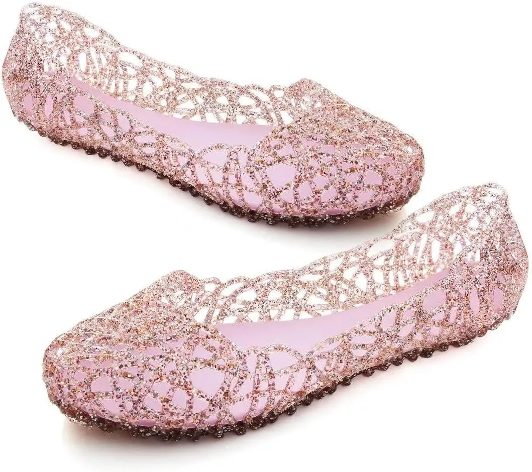 TN TANGNEST Women's Beach Hollow Jelly Shoes Bling PVC Slip On Summer Casual Flat Sandals