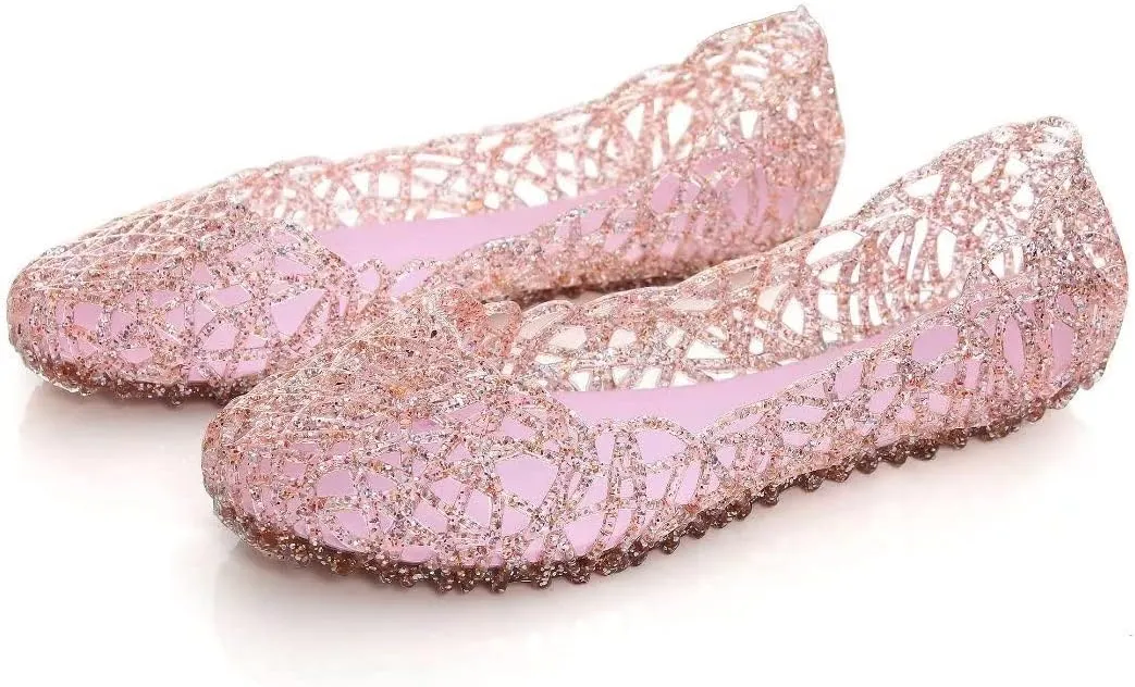 TN TANGNEST Women's Beach Hollow Jelly Shoes Bling PVC Slip On Summer Casual Flat Sandals