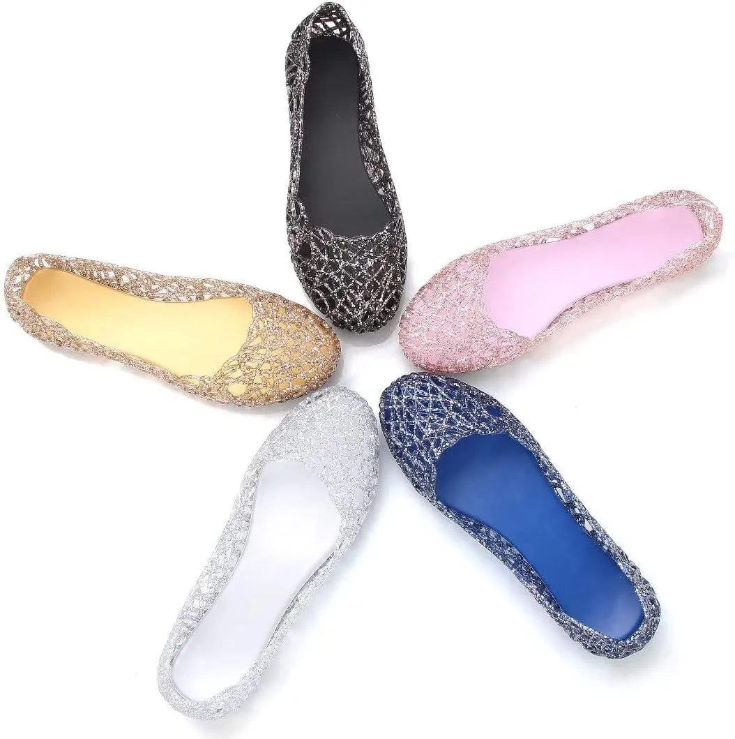 TN TANGNEST Women's Beach Hollow Jelly Shoes Bling PVC Slip On Summer Casual Flat Sandals