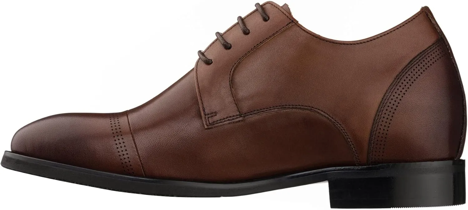 TOTO Men's Invisible Height Increasing Elevator Shoes - Dark Brown Premium Leather Lace-up Micro-Perforated Formal Derby Oxfords - 2.8 Inches Taller - K9278- Size 8 D(M) US
