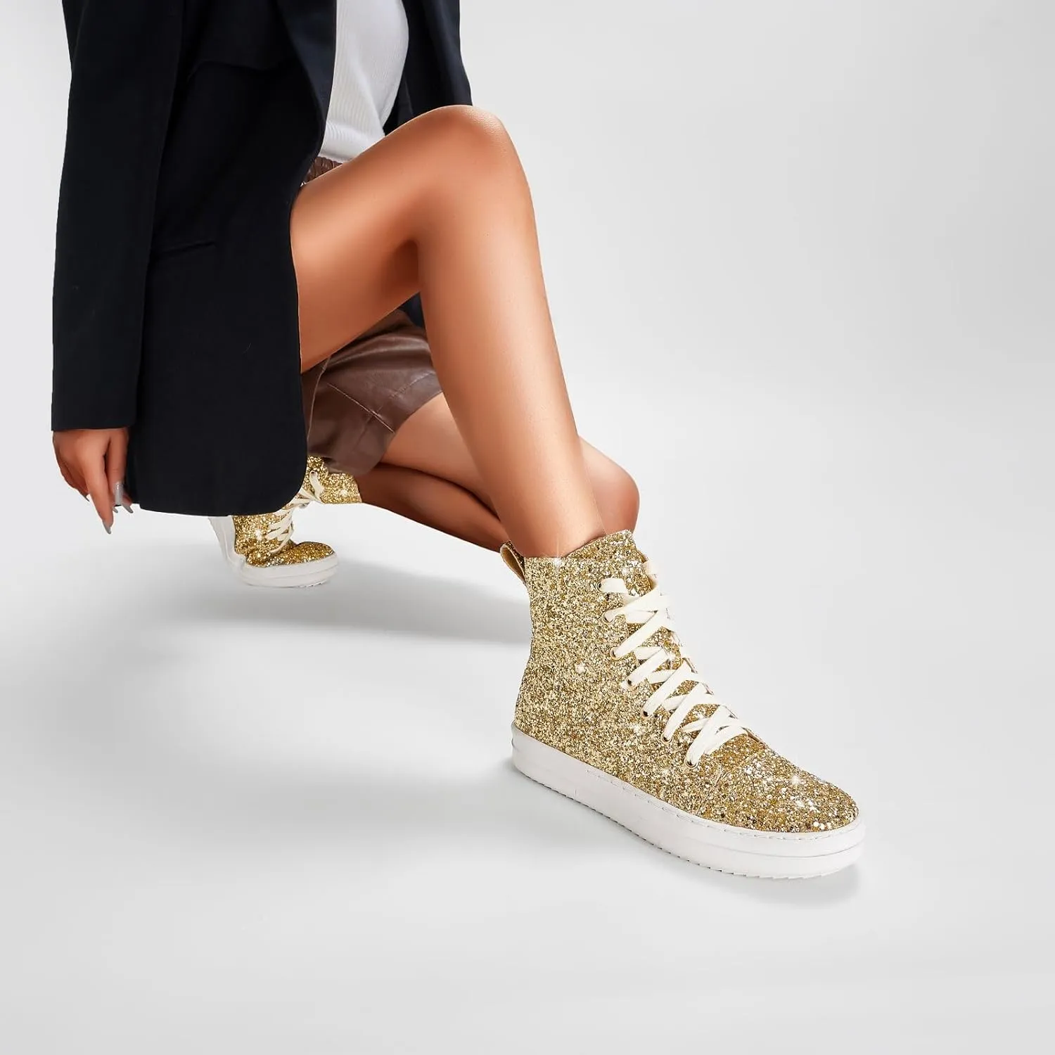 UBWDU Women's High Top Glitter Tennis Sneaker Platform Sneaker with Zipper Rhinestone Bling Wedding Bridal Shoes Shiny Sequin Shoes