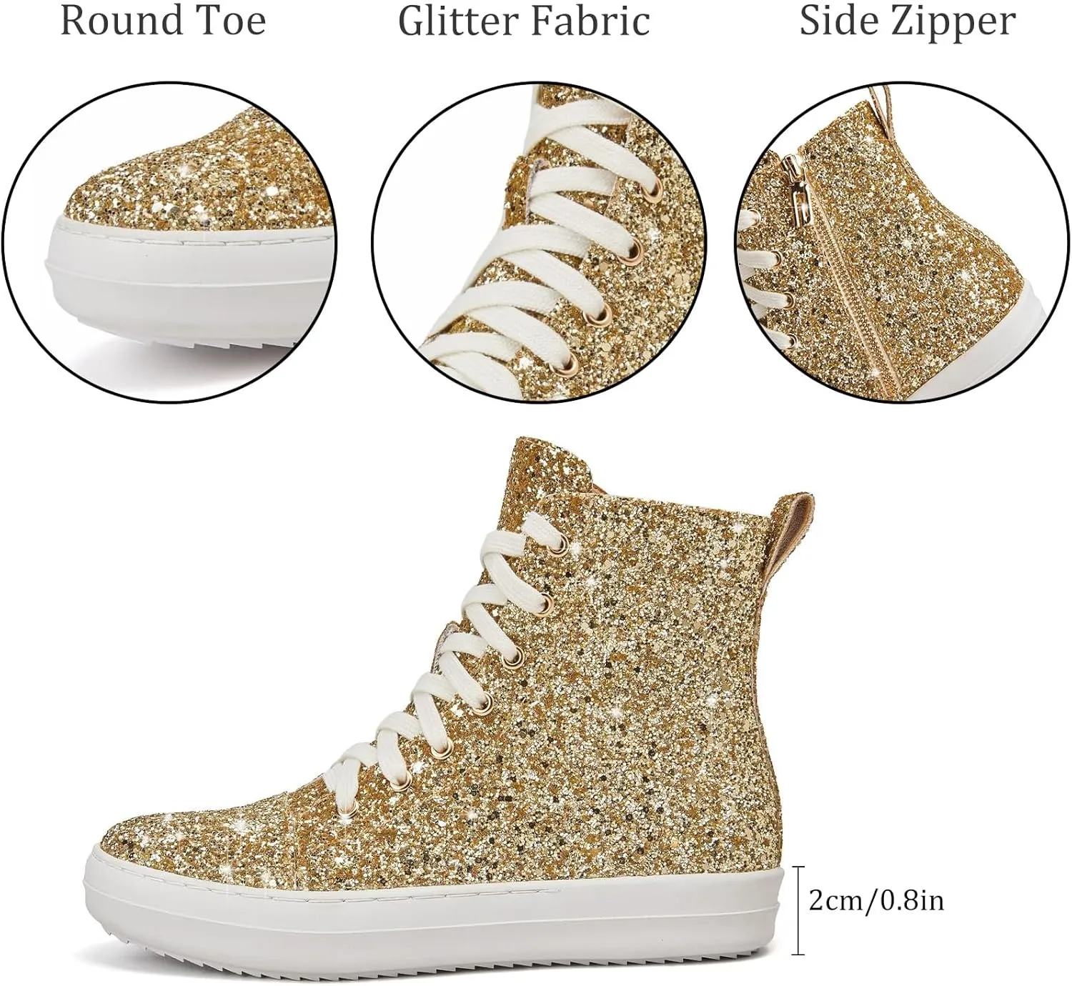 UBWDU Women's High Top Glitter Tennis Sneaker Platform Sneaker with Zipper Rhinestone Bling Wedding Bridal Shoes Shiny Sequin Shoes