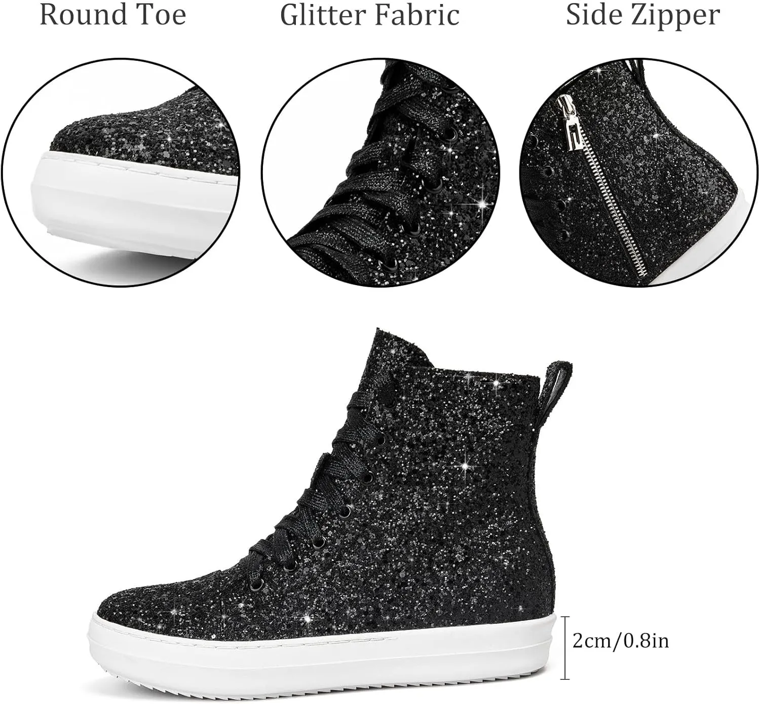 UBWDU Women's High Top Glitter Tennis Sneaker Platform Sneaker with Zipper Rhinestone Bling Wedding Bridal Shoes Shiny Sequin Shoes