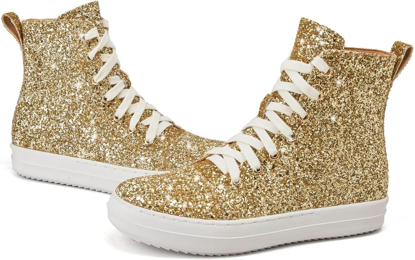 UBWDU Women's High Top Glitter Tennis Sneaker Platform Sneaker with Zipper Rhinestone Bling Wedding Bridal Shoes Shiny Sequin Shoes