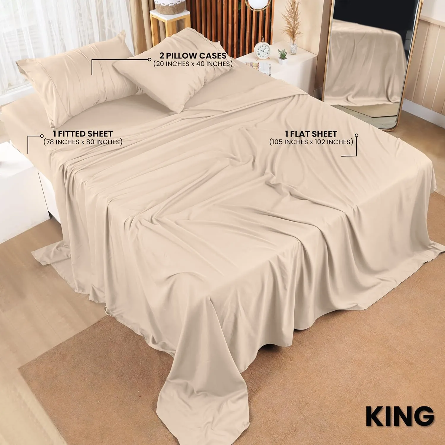 Utopia Bedding King Sheet Set – 4 Piece Bed Sheets for King Size Bed, Soft and Breathable Microfiber, Includes 1 Fitted Sheet, 1 Flat Sheet and 2 Pillowcases (Beige)