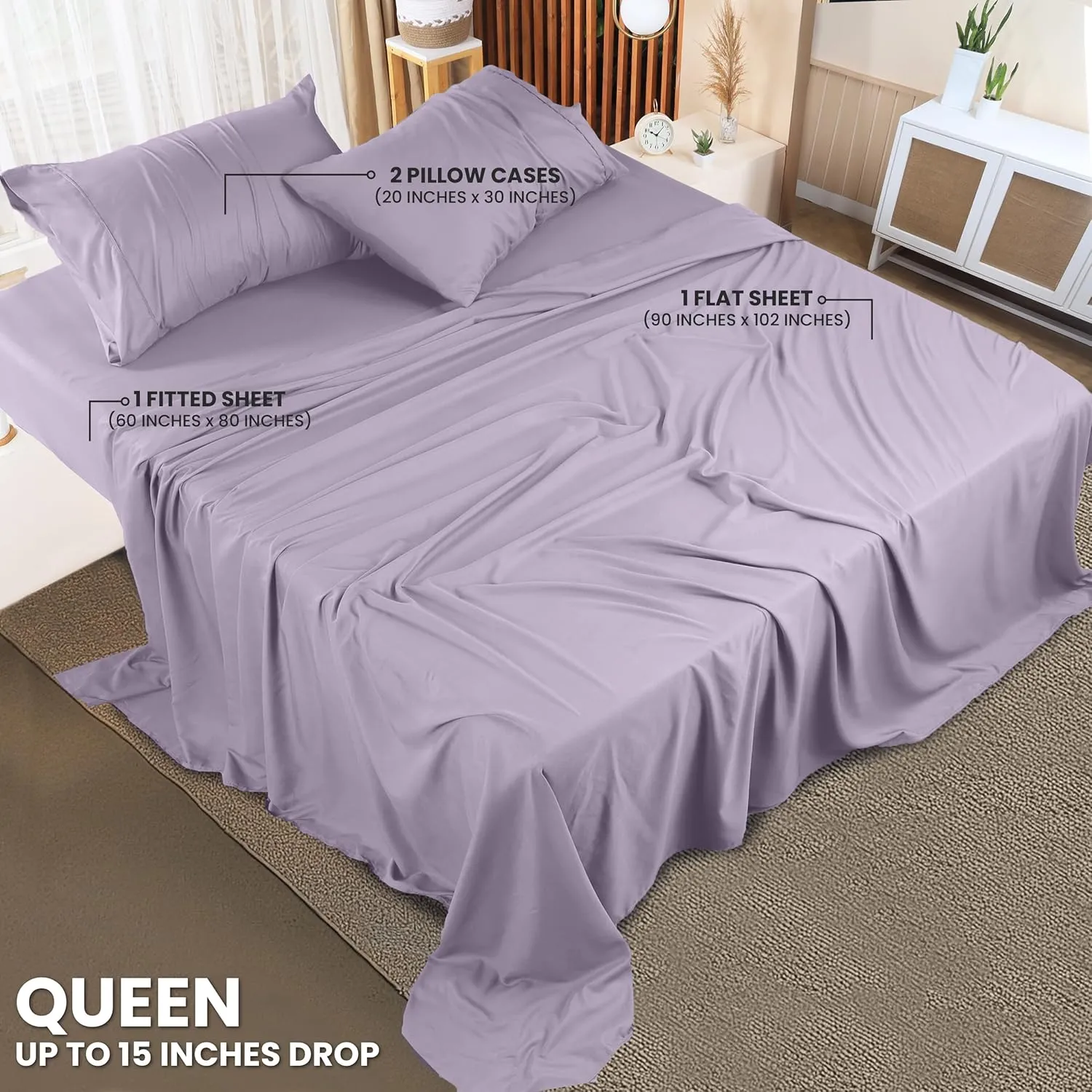 Utopia Bedding Queen Sheet Set – 4 Piece Bed Sheets for Queen Size Bed, Soft and Breathable Microfiber, Includes 1 Fitted Sheet, 1 Flat Sheet and 2 Pillowcases (Lavender)