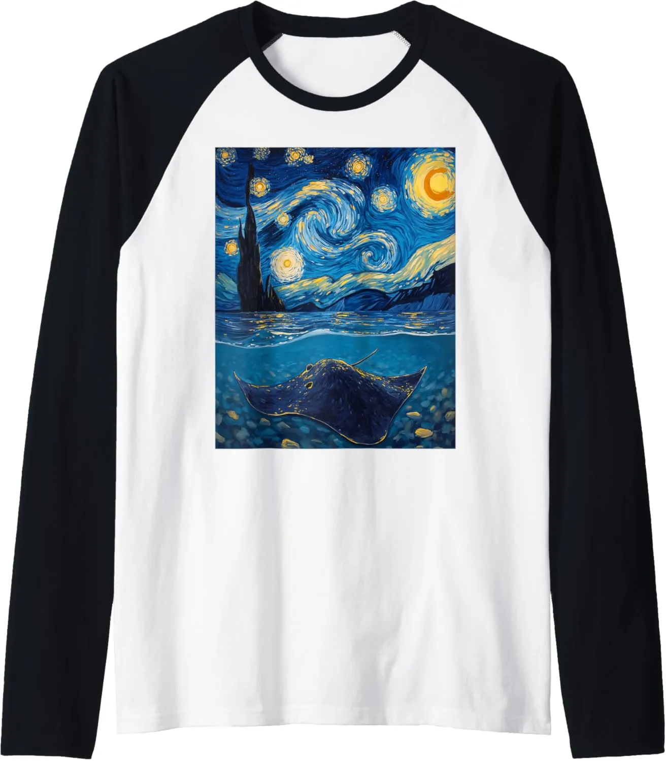 Van Gogh's Starry Night Stingray Flat Swimmer Animal Lovers Raglan Baseball Tee