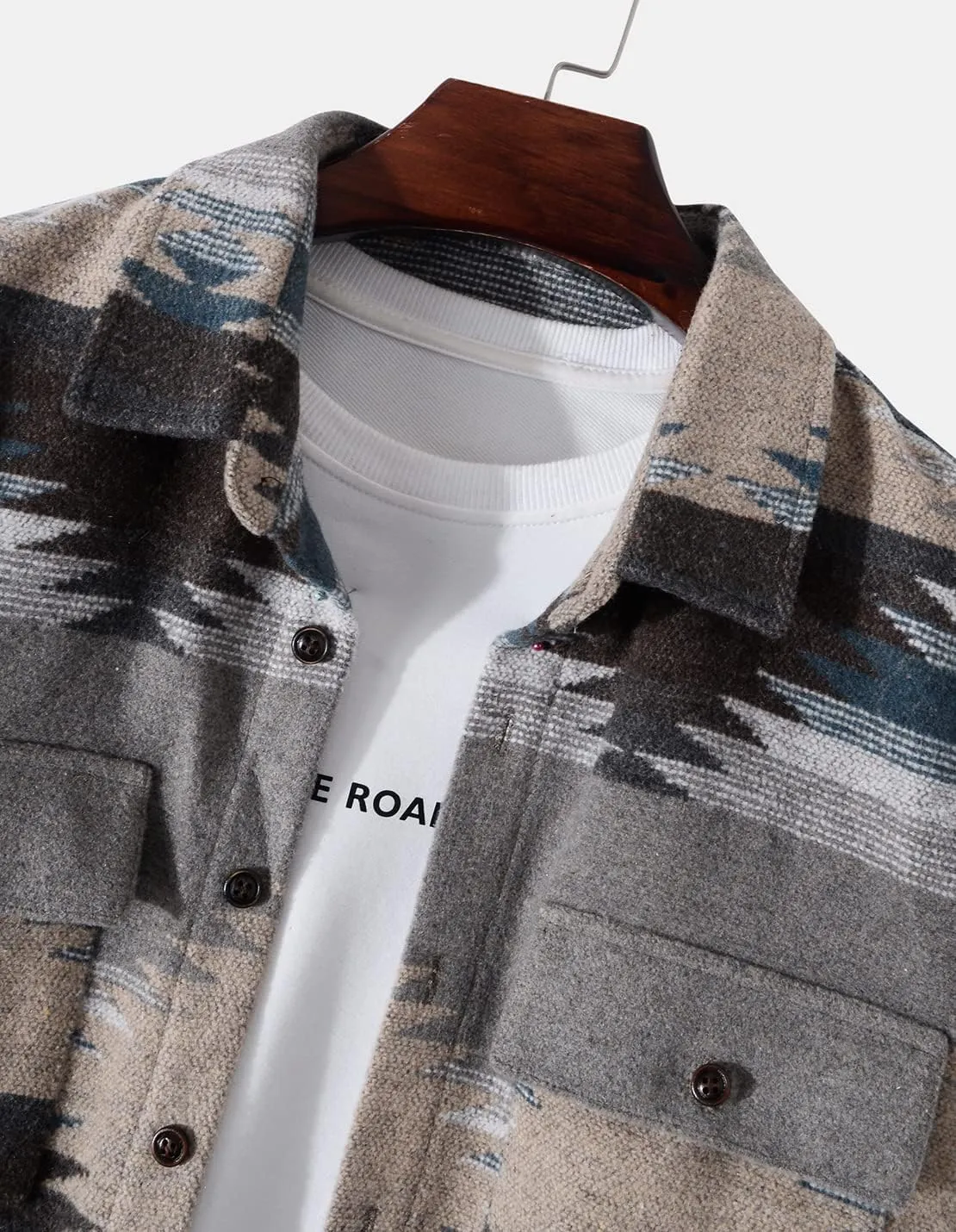 VIEWON Men's Casual Print Button Down Woolen Long Sleeve Lightweight Lapel Western Shacket Jacket Coat