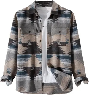 VIEWON Men's Casual Print Button Down Woolen Long Sleeve Lightweight Lapel Western Shacket Jacket Coat