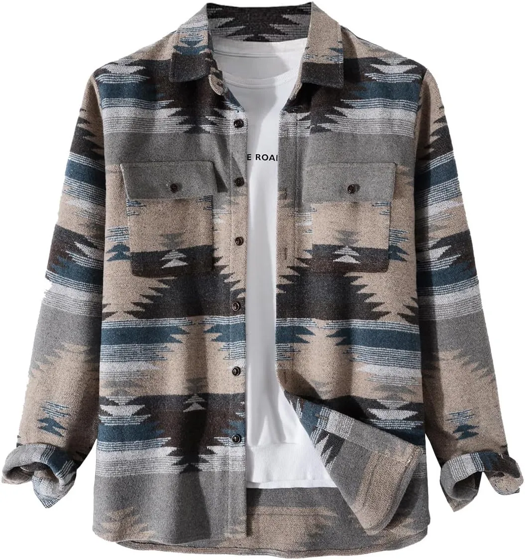 VIEWON Men's Casual Print Button Down Woolen Long Sleeve Lightweight Lapel Western Shacket Jacket Coat