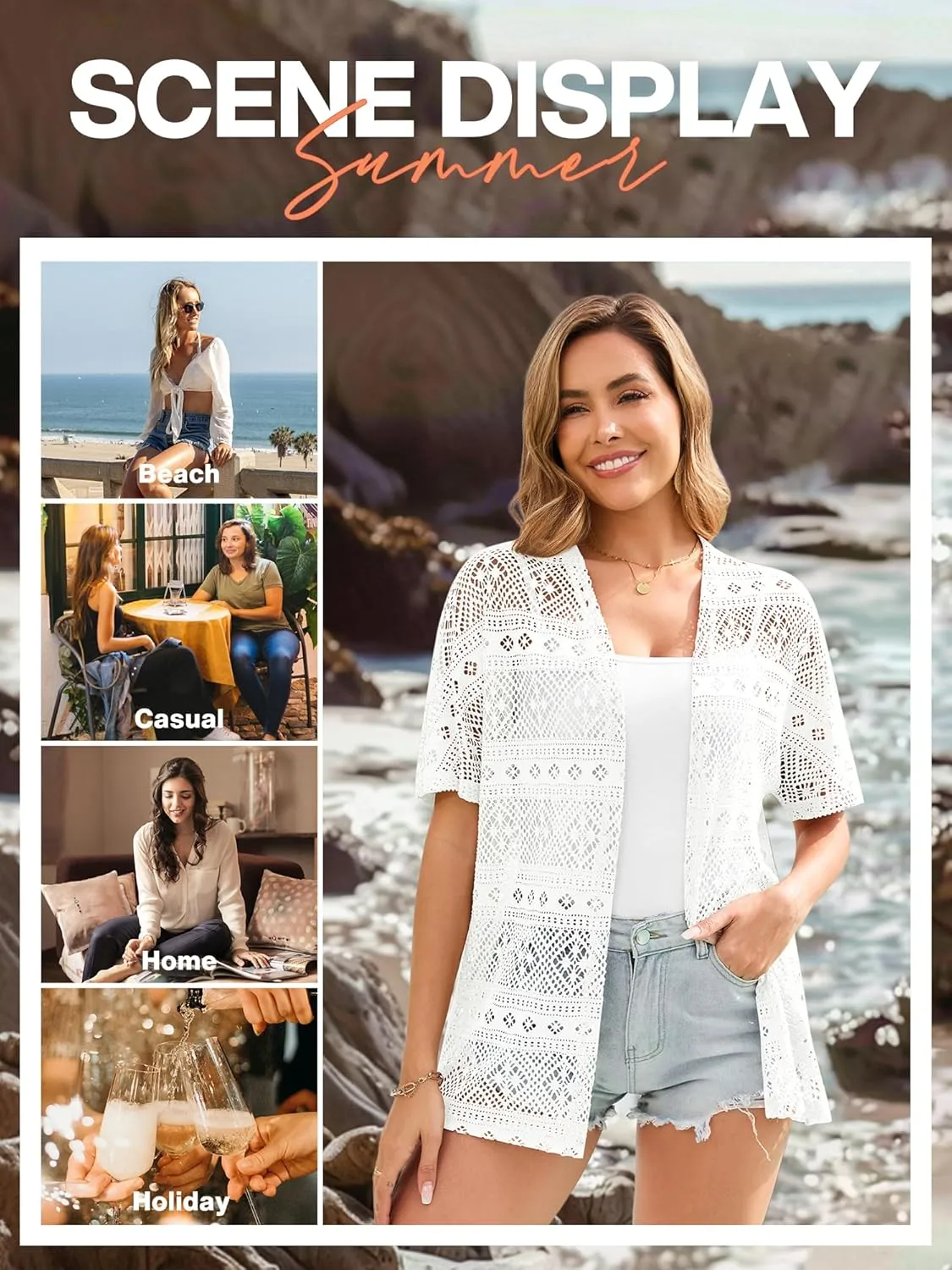VIISHOW Women's Crochet Kimono Summer Lightweight Cardigan Open Front Hollow Out Beach Cover-Up