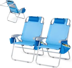 VINGLI Tall Beach Chair 2 Pack, with 5-Position, Cooler Bag, Cup Holders, Towel Bar, Lightweight Folding Beach Camping Chairs for Adults(Blue-16)