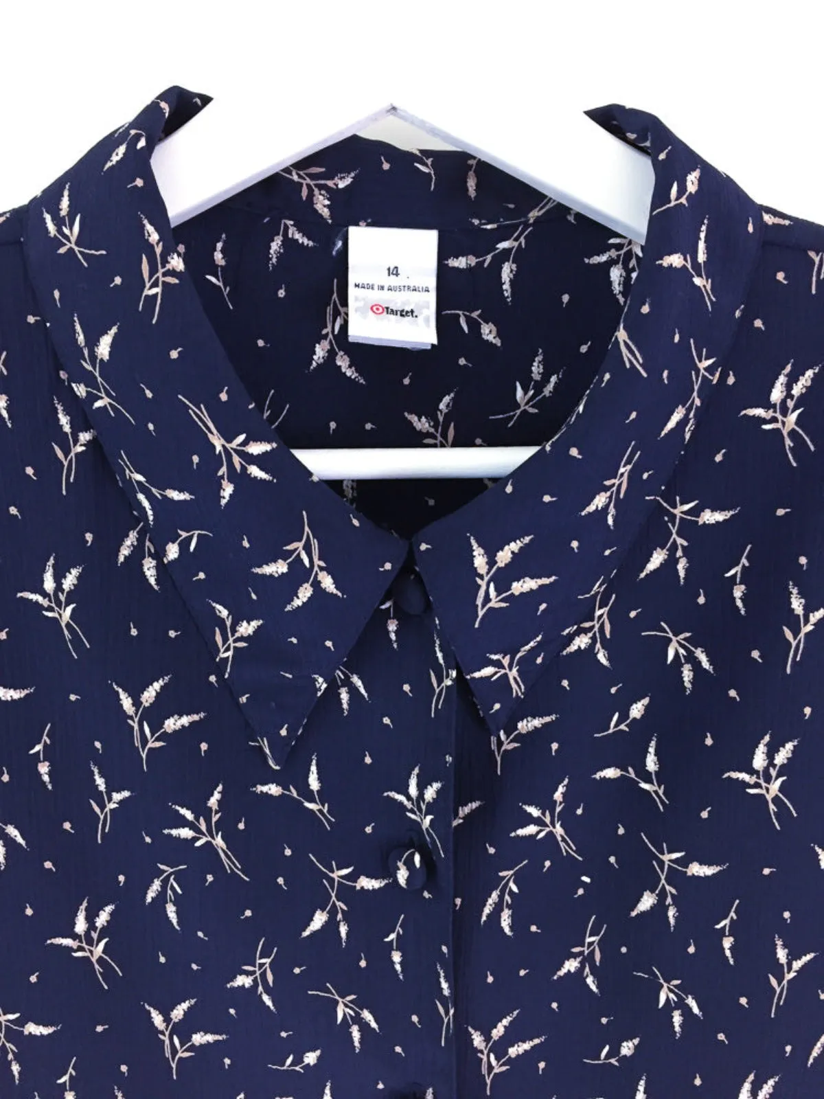 Vintage 90's ladies lightweight short sleeve navy printed button down shirt