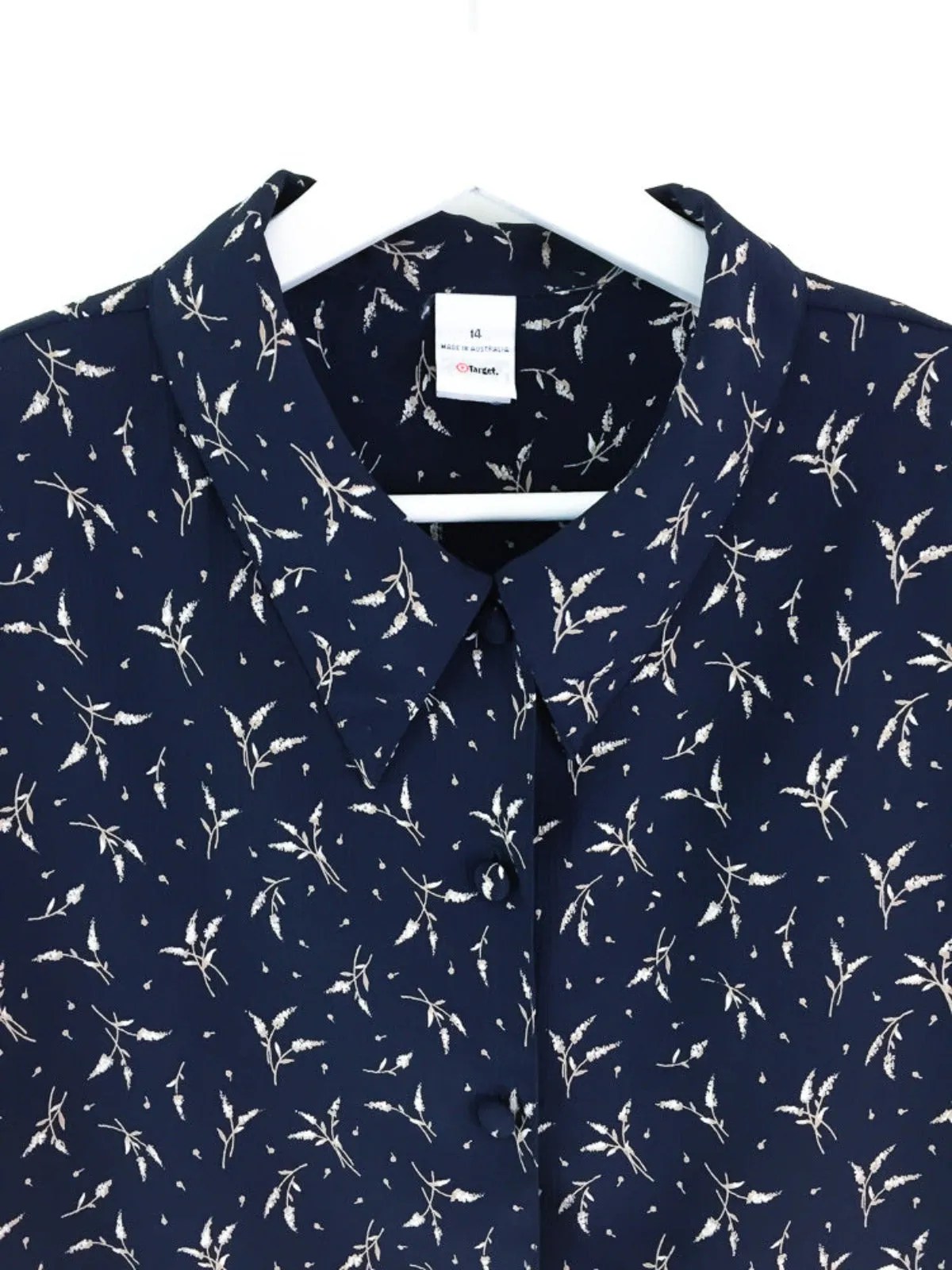 Vintage 90's ladies lightweight short sleeve navy printed button down shirt