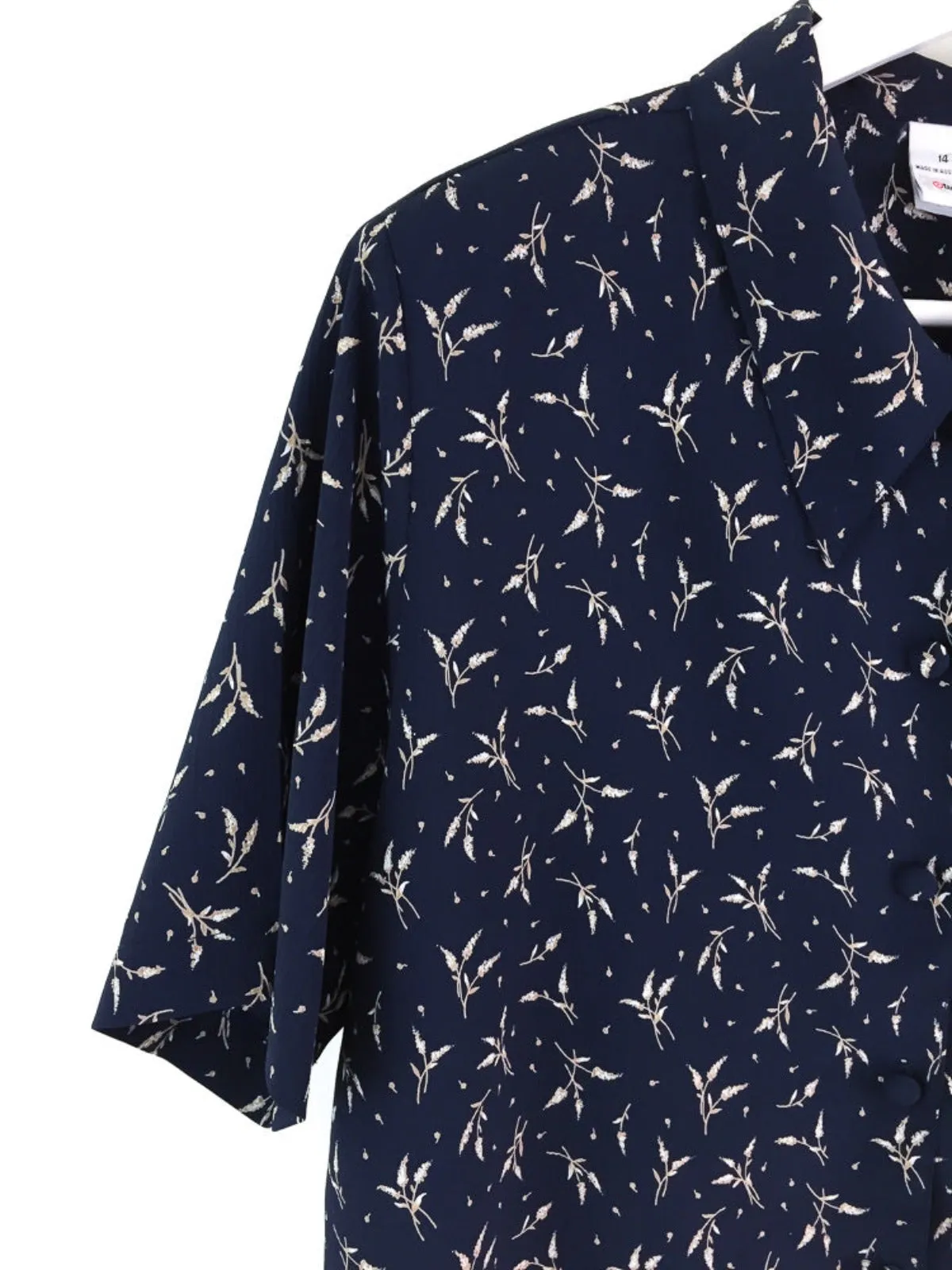 Vintage 90's ladies lightweight short sleeve navy printed button down shirt