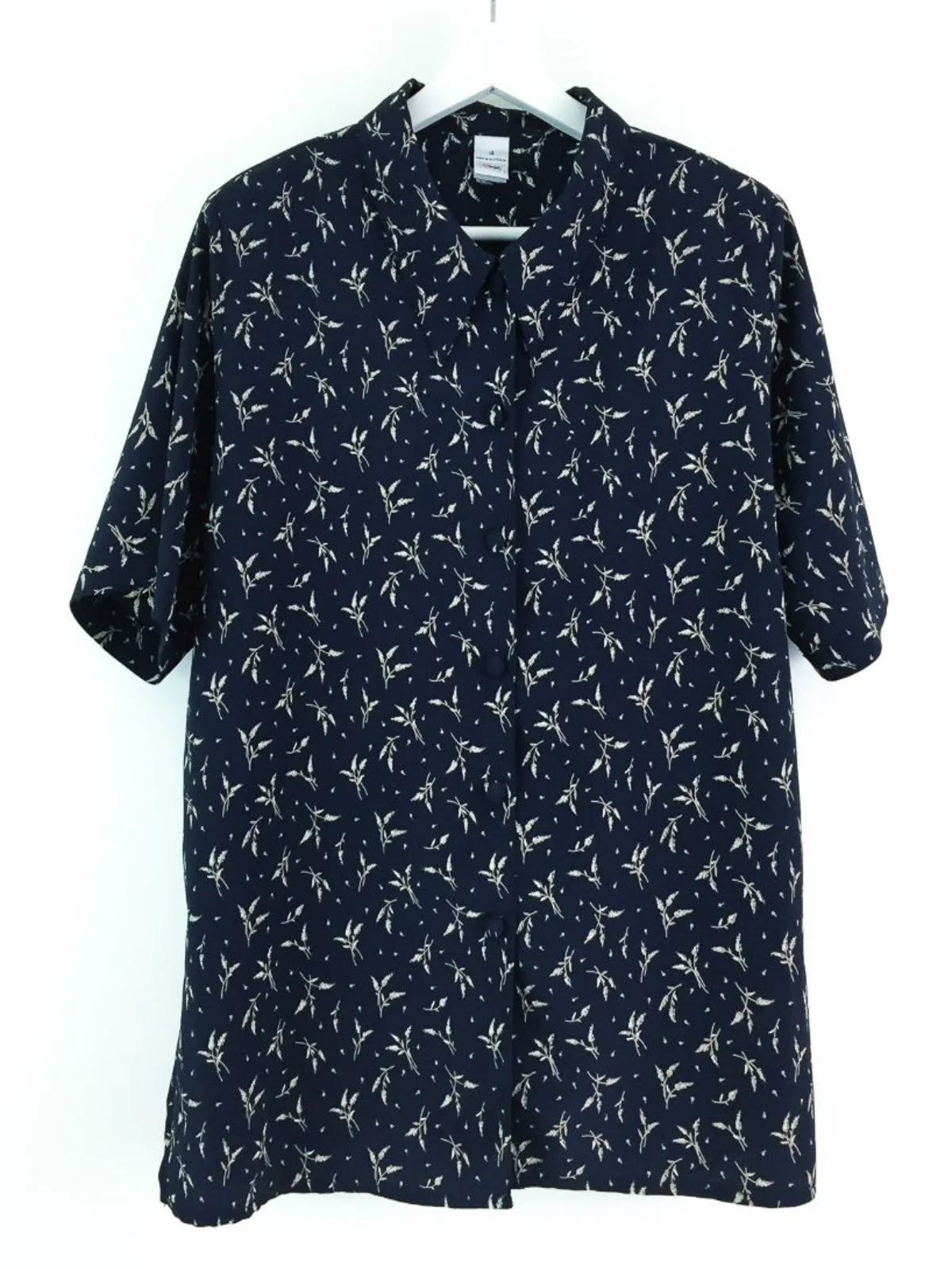 Vintage 90's ladies lightweight short sleeve navy printed button down shirt