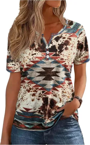 Western T Shirts for Women Cowgirls Graphic Henley Outfits Ladies Rodeo Country Concert Tops Beach Vacation Tees Clothes