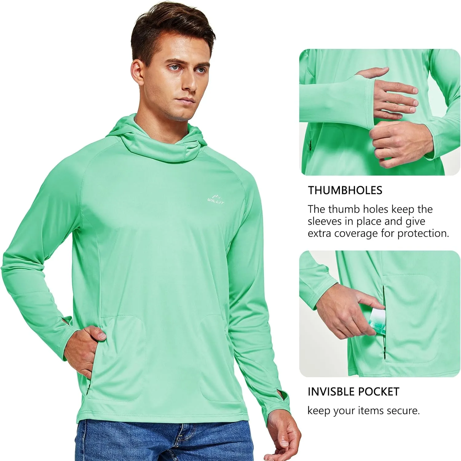 Willit Men's Sun Protection Hoodie UPF 50  Fishing Hiking Shirt Long Sleeve SPF UV Shirt Rash Guard Lightweight