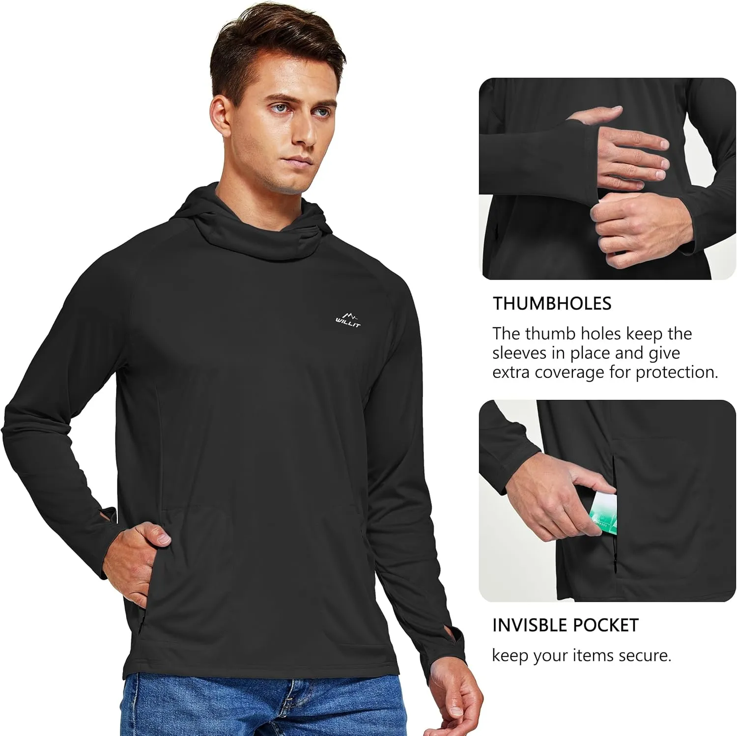 Willit Men's Sun Protection Hoodie UPF 50  Fishing Hiking Shirt Long Sleeve SPF UV Shirt Rash Guard Lightweight
