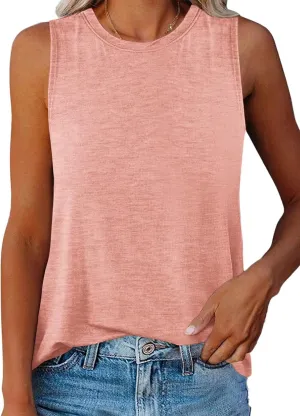 Women Crewneck Curved Hem Tank Tops Summer Casual Sleeveless Loose Fit Tunic Tops 2024