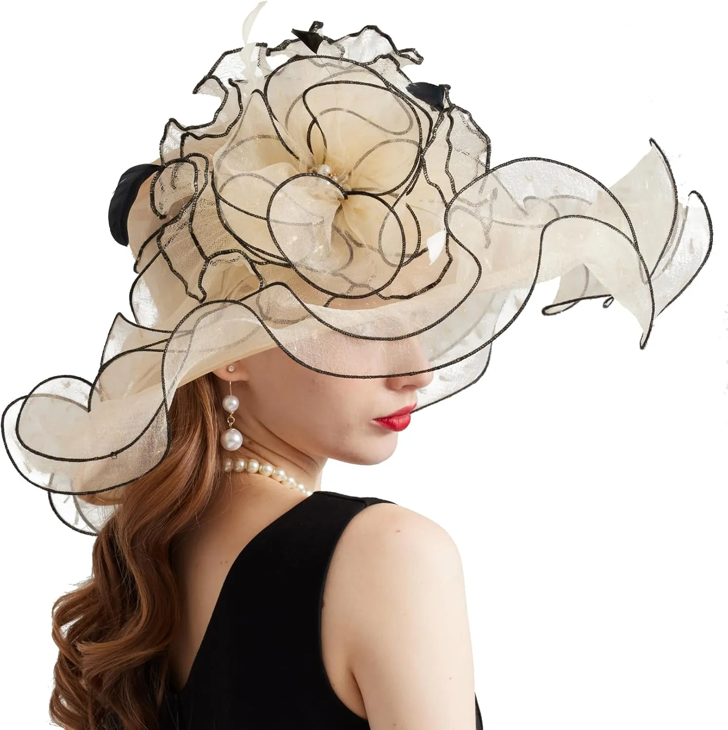 Women Elegant Organza Derby Hat Wide Brim Sun Hats for Wedding Tea Party Fascinator Hat