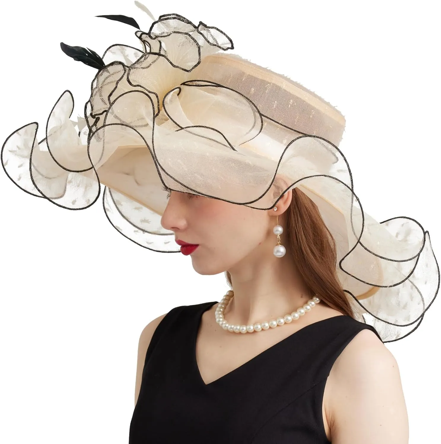 Women Elegant Organza Derby Hat Wide Brim Sun Hats for Wedding Tea Party Fascinator Hat