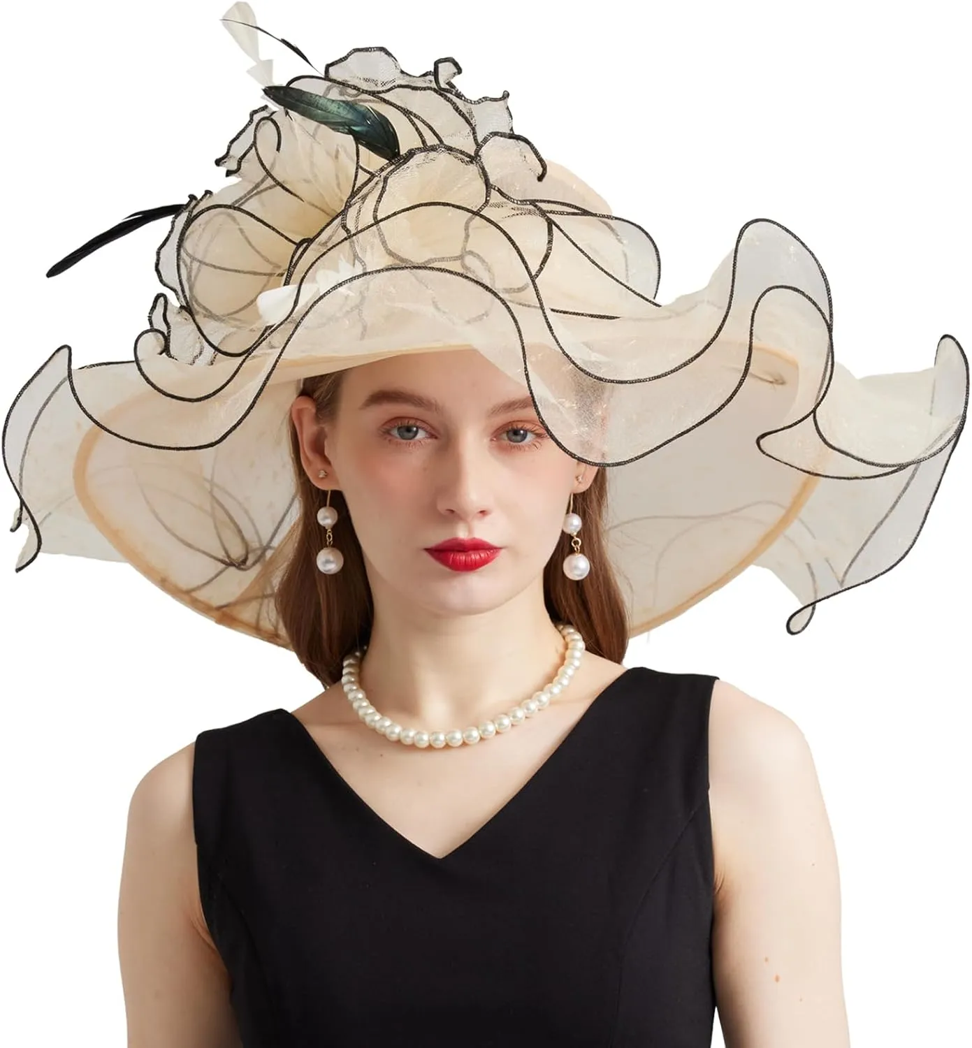 Women Elegant Organza Derby Hat Wide Brim Sun Hats for Wedding Tea Party Fascinator Hat