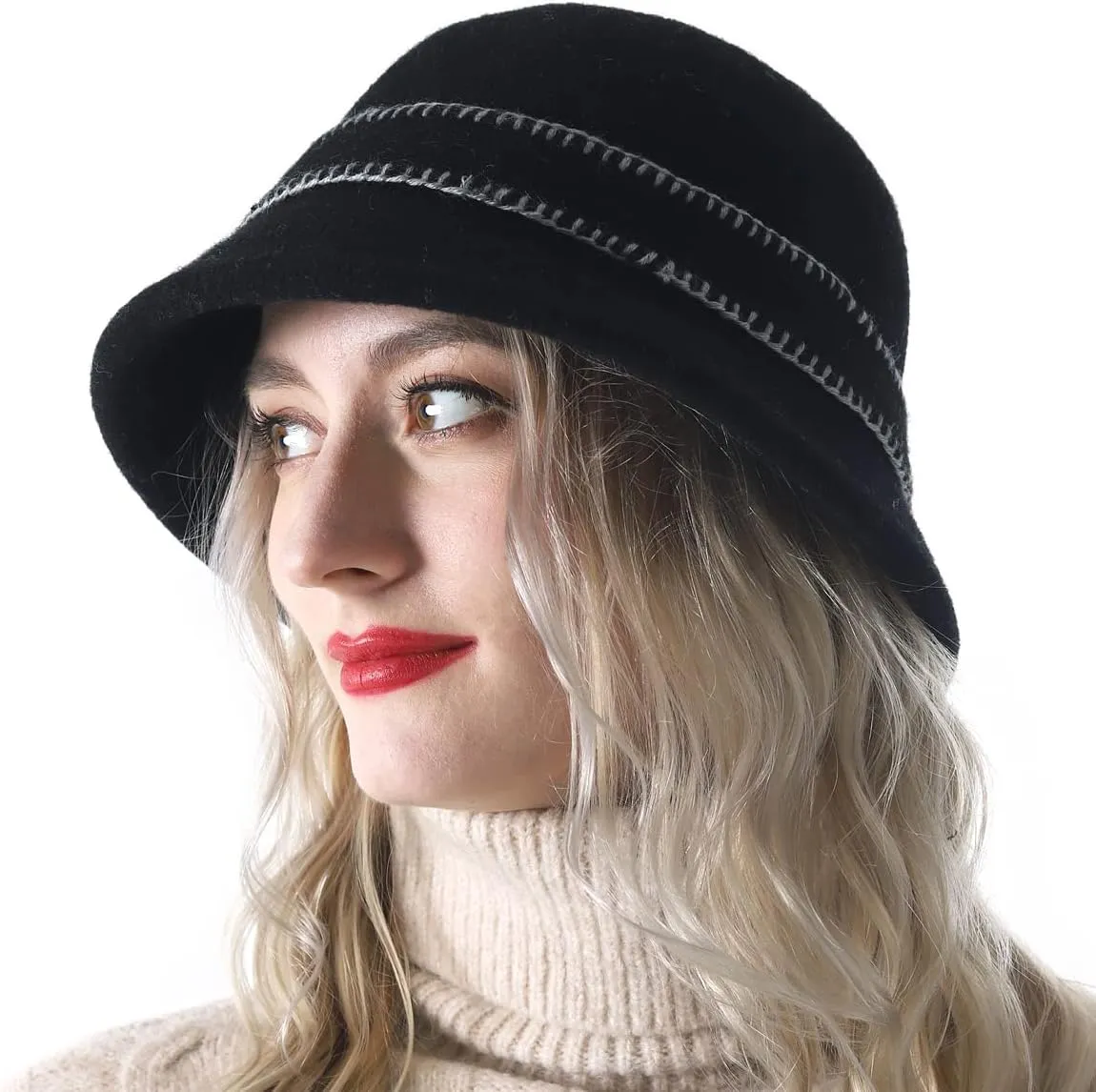 Women Elegant Winter Wool Bucket Hat 1920s Vintage Cloche Bowler Hats