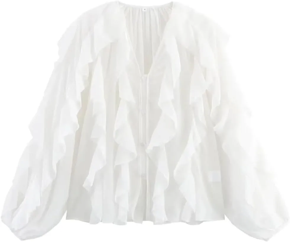 Women Ruffle Edge Layered Decoration V-Neck Long Sleeved Shirt Solid Single Breasted Lightweight Top