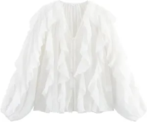 Women Ruffle Edge Layered Decoration V-Neck Long Sleeved Shirt Solid Single Breasted Lightweight Top
