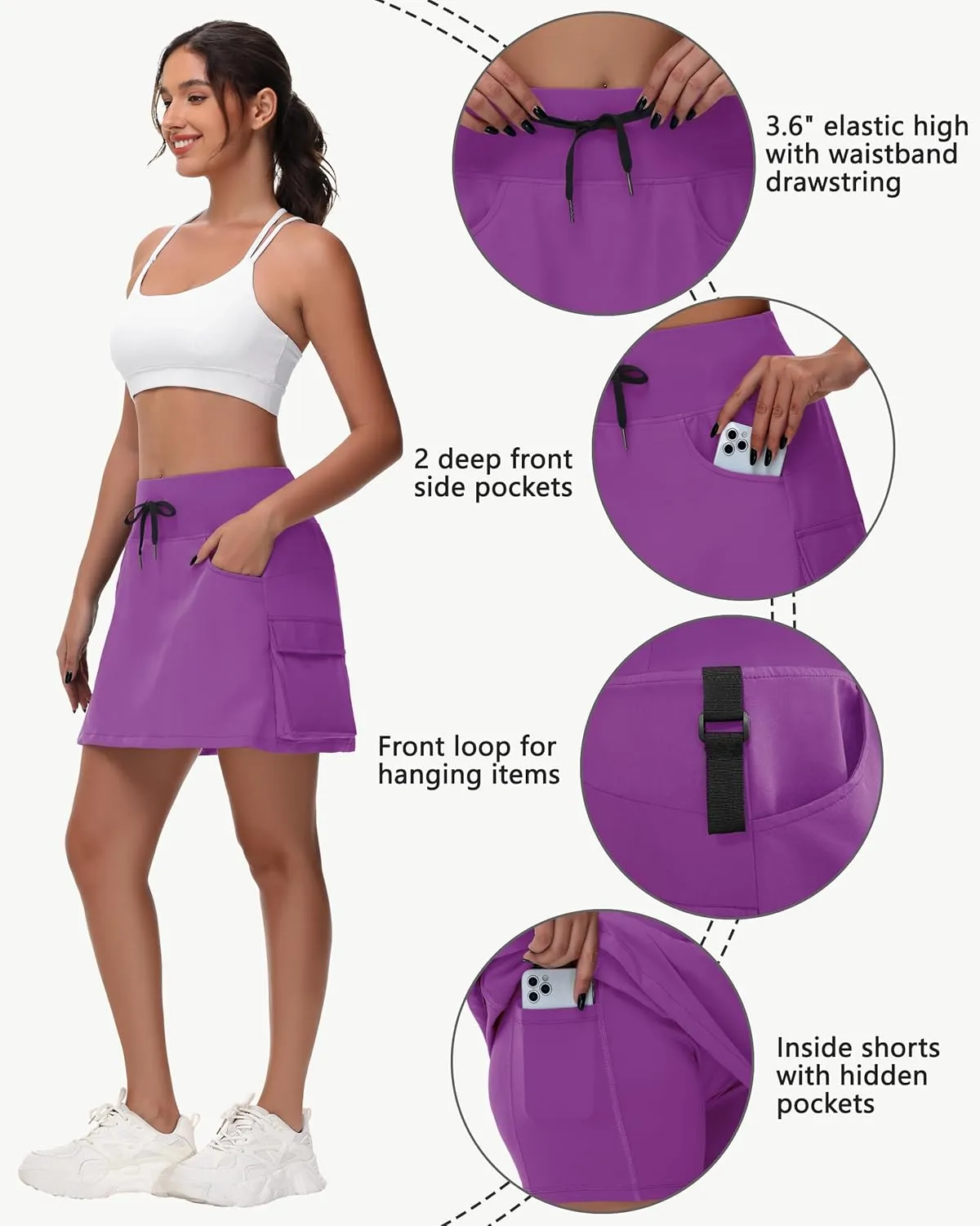Women's 16" 20" Hiking Cargo Skort Skirt - High Waisted Golf Dressy Casual Workout Sport Skirt with Liner Quick Dry