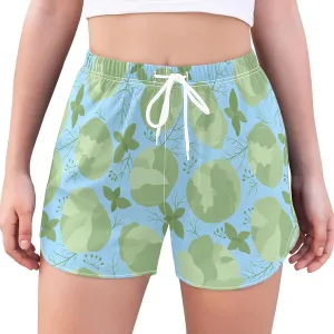 Women's Athletic Shorts White Cabbage and Herbs Blue Workout Running Gym Quick Dry Liner Shorts with Pockets