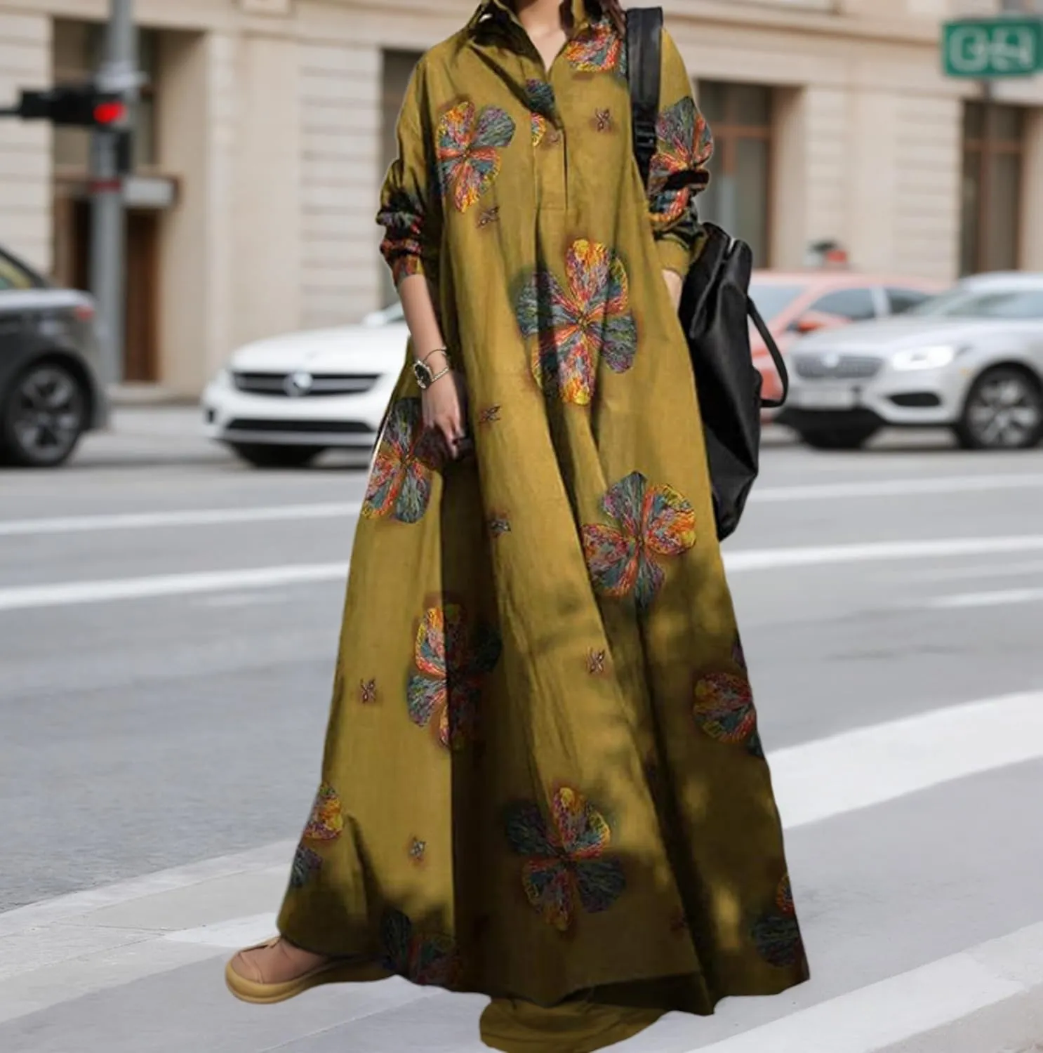 Womens Cotton Linen Plaid Long Sleeve Maxi Shirt Dress Lightweight Oversize Casual Loose Long Dresses with Pockets