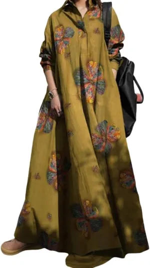 Womens Cotton Linen Plaid Long Sleeve Maxi Shirt Dress Lightweight Oversize Casual Loose Long Dresses with Pockets