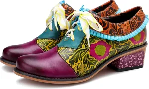 Women's Handmade Lambskin Oxford Loafers Shoes with Retro Ethnic Printed Style, Brock Design for Casual and Fashion Collegiate Style