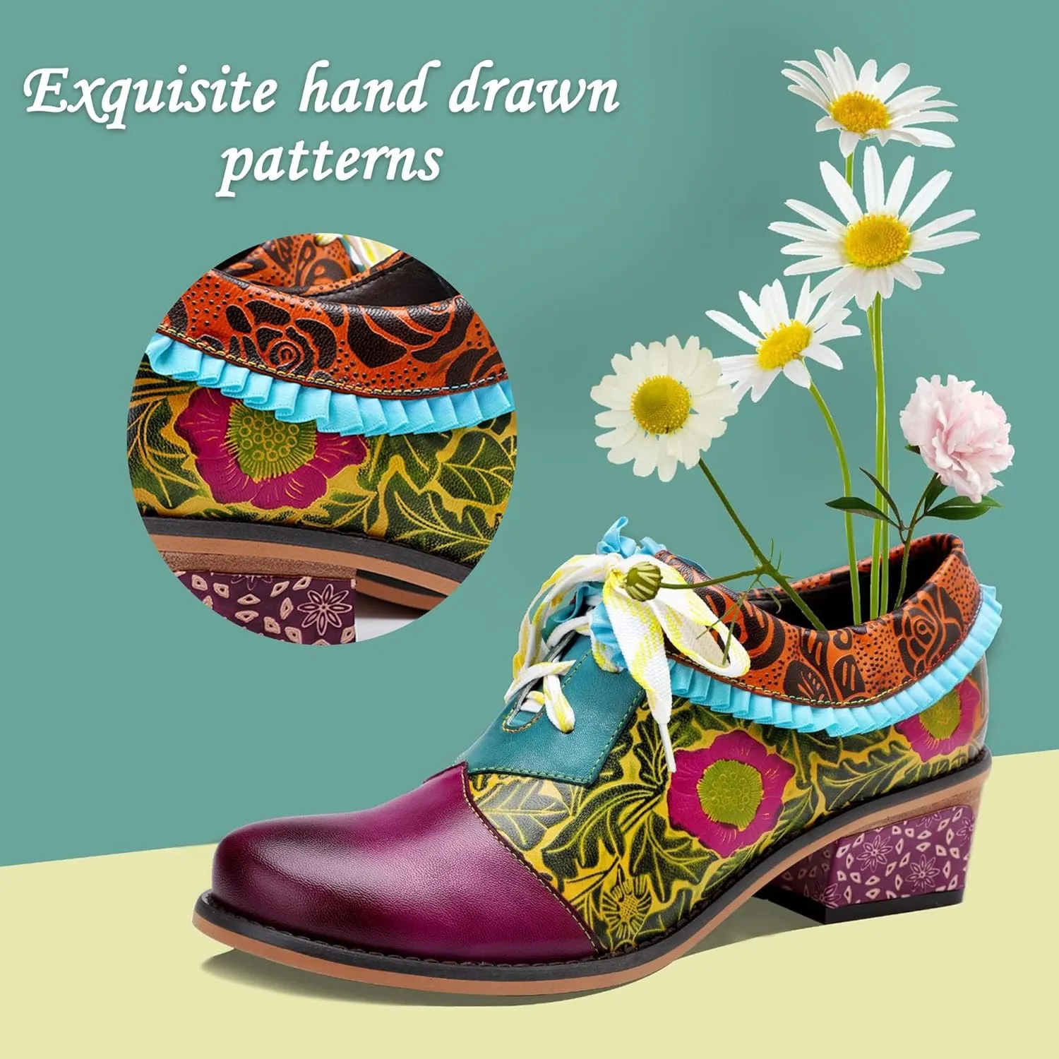 Women's Handmade Lambskin Oxford Loafers Shoes with Retro Ethnic Printed Style, Brock Design for Casual and Fashion Collegiate Style