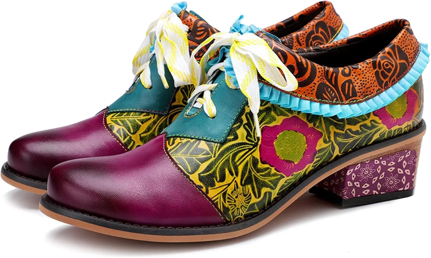 Women's Handmade Lambskin Oxford Loafers Shoes with Retro Ethnic Printed Style, Brock Design for Casual and Fashion Collegiate Style