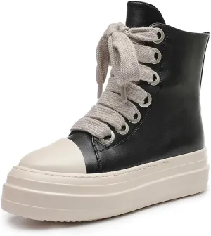 Womens High Top Sneakers PU Leather Zipper Platform Thick Shoes Fashion Casual Chunky Lace Mid Heel Walking Tennis Sneaker