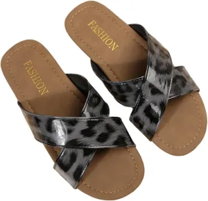 Women's Leopard Print Cross Strap Design Flat Sandals, One Foot Stirrup Summer Casual Outdoor Open Toe Beach Slippers - Lightweight and Non-slip
