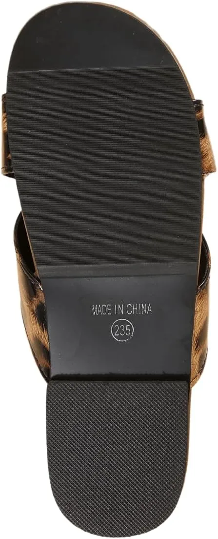 Women's Leopard Print Cross Strap Design Flat Sandals, One Foot Stirrup Summer Casual Outdoor Open Toe Beach Slippers - Lightweight and Non-slip