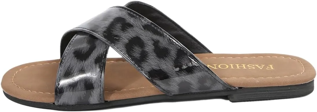 Women's Leopard Print Cross Strap Design Flat Sandals, One Foot Stirrup Summer Casual Outdoor Open Toe Beach Slippers - Lightweight and Non-slip