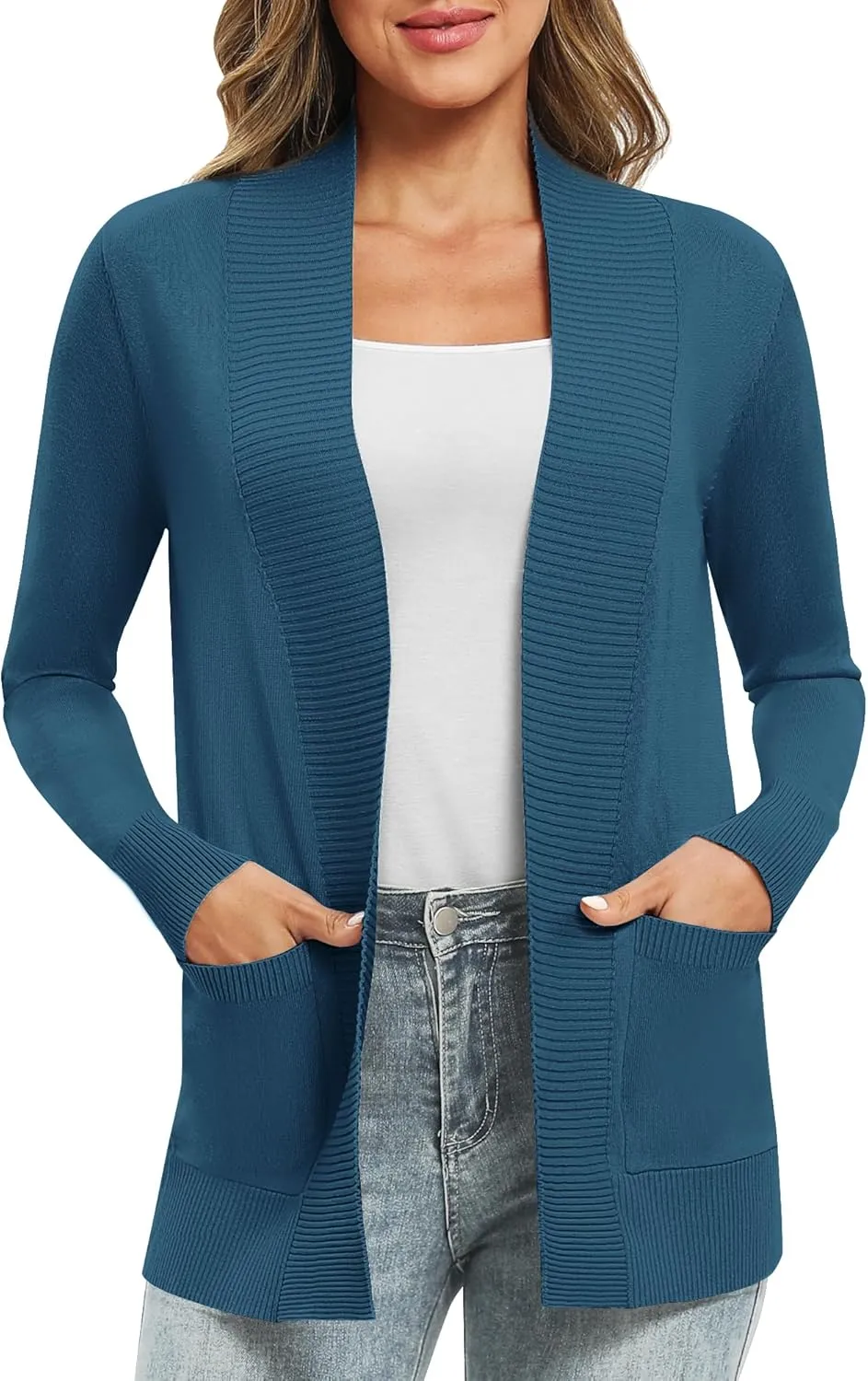 Women's Lightweight Long Sleeve Knit Cardigan with Pockets Open Front Casual Sweater for Spring Fall