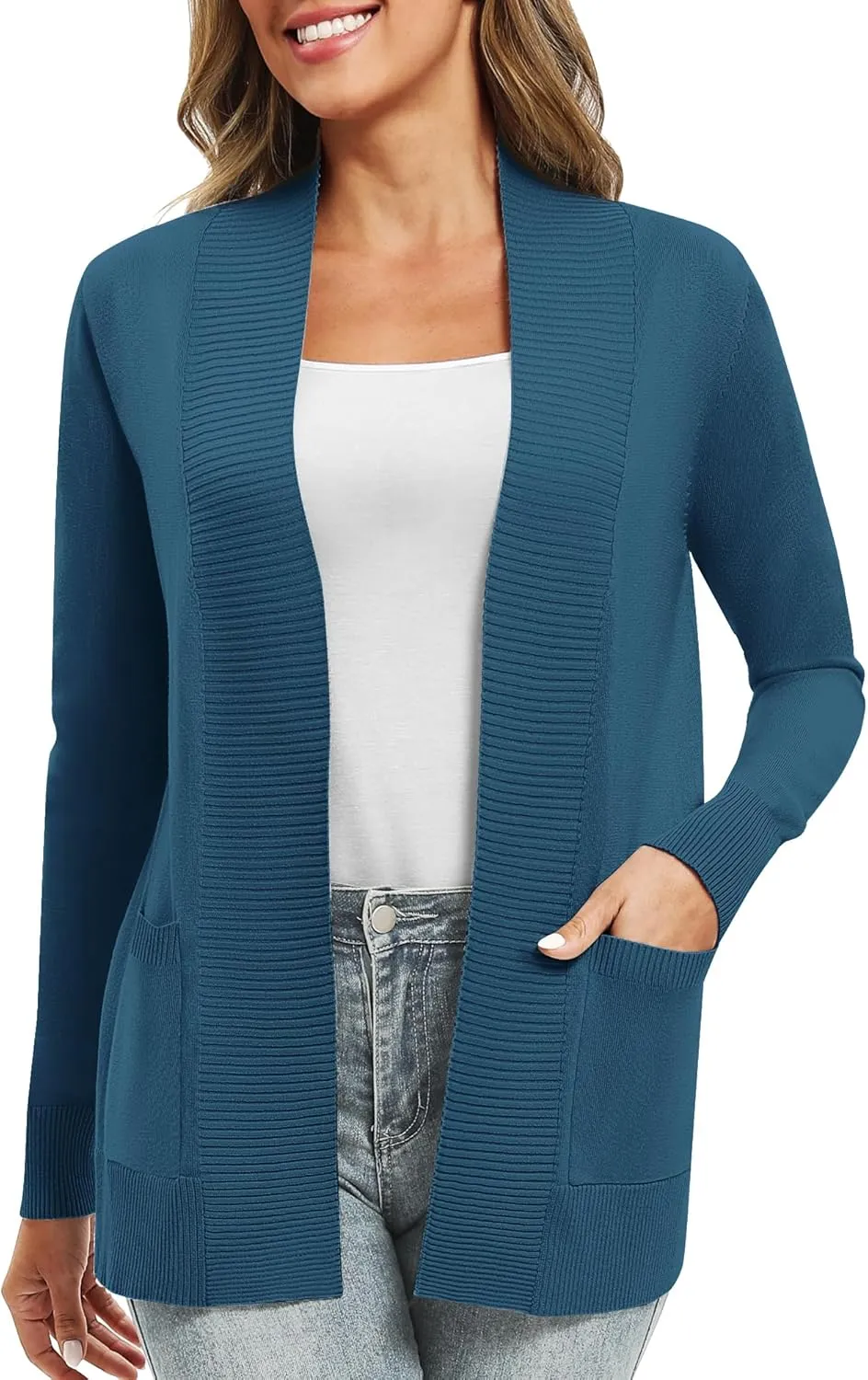 Women's Lightweight Long Sleeve Knit Cardigan with Pockets Open Front Casual Sweater for Spring Fall