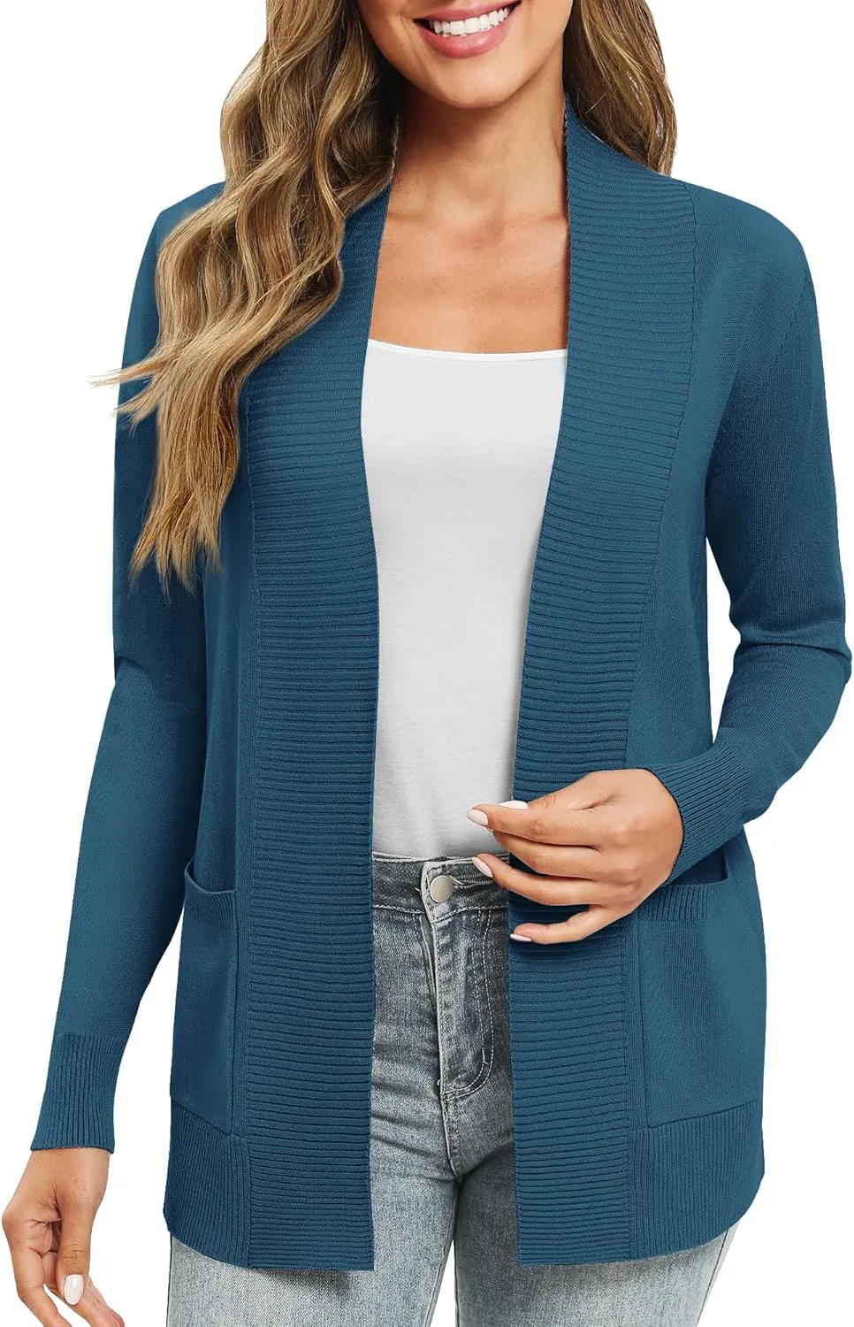 Women's Lightweight Long Sleeve Knit Cardigan with Pockets Open Front Casual Sweater for Spring Fall